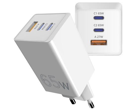 Зарядное устройство Sigma 2xUSB-C PD65W + 1xUSB QC3.0 GaN X-power PS65-01 white (4827798637715)