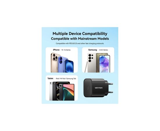 Зарядний пристрій Vention 1xUSB-C PD20W + cable USB-C to Lightning black (G17B0-EU), зображення 7