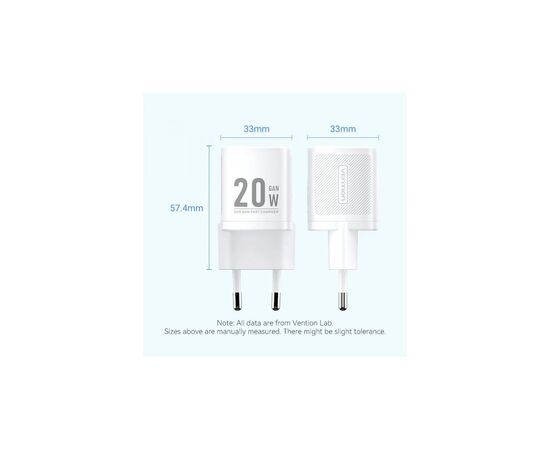Зарядное устройство Vention 1xUSB-C PD20W GaN + cable USB-C to USB-C white (TZ-FEPW0-EU-01), изображение 2