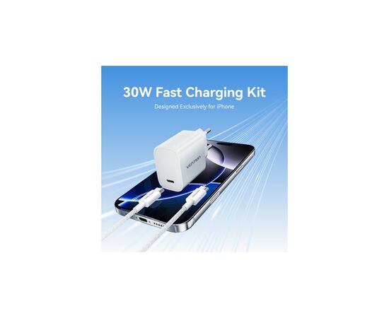 Зарядний пристрій Vention 1xUSB-C PD30W + cable USB-C to USB-C white (G18W0-EU), зображення 6