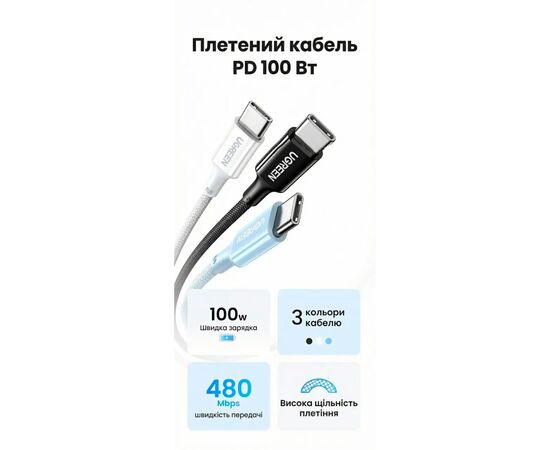 Дата кабель USB-C to USB-C 2.0m PD100W 5A braided L502 white Ugreen (35221), зображення 2
