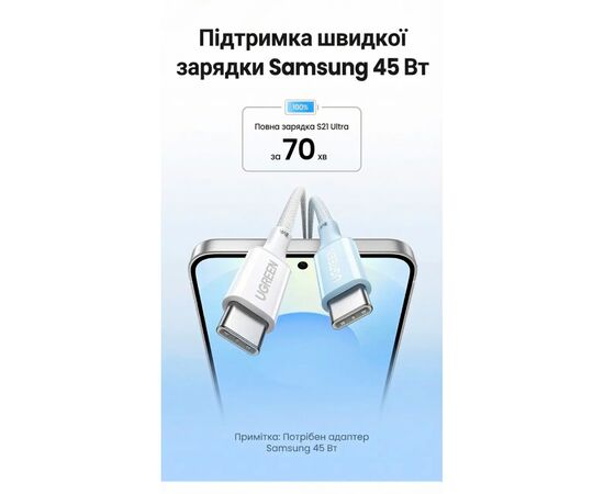 Дата кабель USB-C to USB-C 2.0m PD100W 5A braided L502 white Ugreen (35221), зображення 6