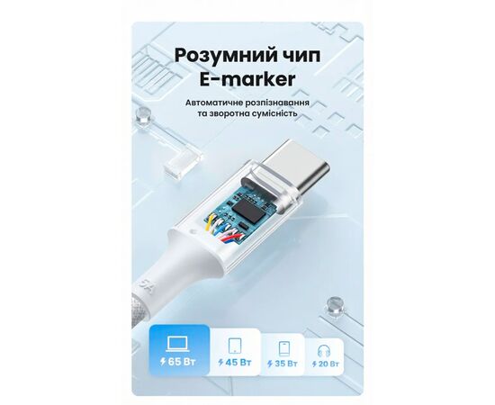 Дата кабель USB-C to USB-C 2.0m PD100W 5A braided L502 white Ugreen (35221), зображення 8