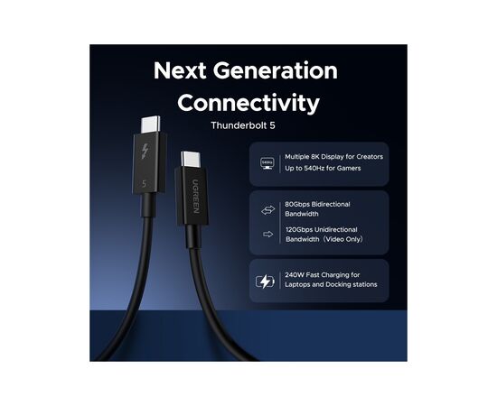Дата кабель USB-C to USB-C 1.0m Thunderbolt 5 240W 5A 120Gbps 16/8/4K L703 black Ugreen (45996), зображення 3