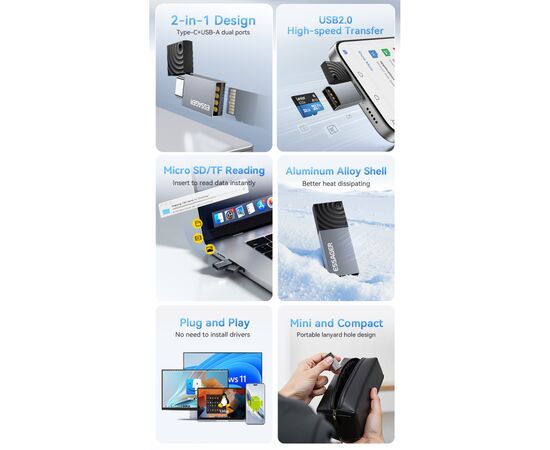 Зчитувач флеш-карт Essager USB-C + USB-A to Micro SD black (EDKTF-QW0G-P), зображення 4