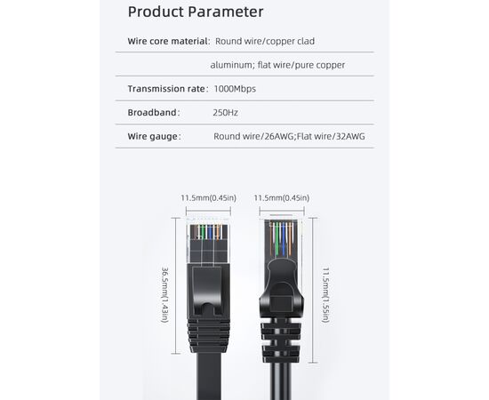 Патч-корд 10м UTP cat 6 RJ45 TopSpeed Ethernet Round Cable Black Essager (EXCWXY-JSF01), изображение 10