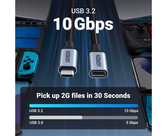 Дата кабель Ugreen USB-C M/F 1.0m 5A 10Gbps USB 3.1 black (30205), зображення 3