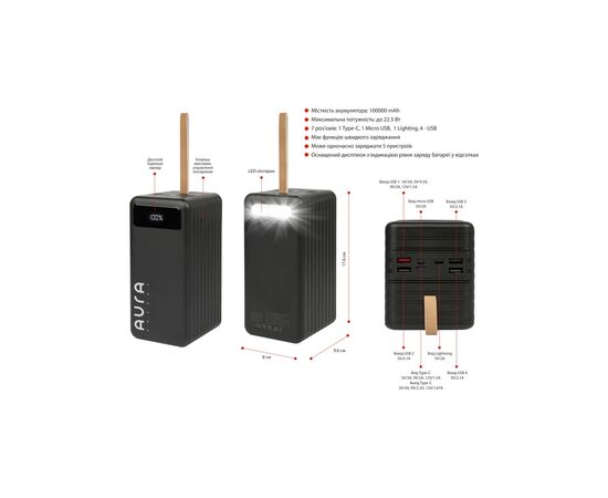 Батарея универсальная AURA NRG-P100 100000mAh 22.5W Black (PBANRG-P100B), изображение 2