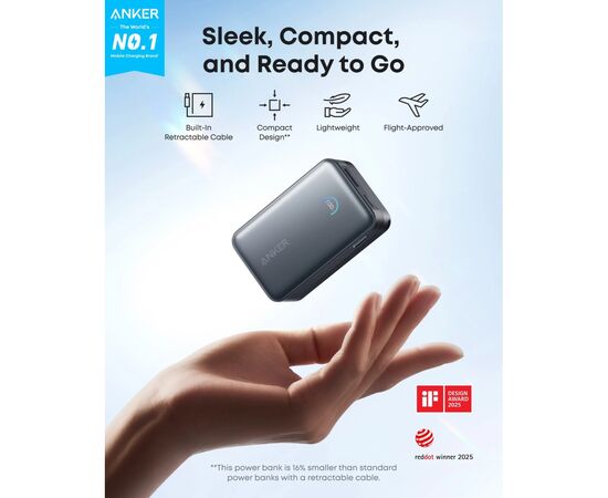 Батарея універсальна Anker 10000mAh Nano 45W Built-In USB-C Cable Black (A1638H11), зображення 6