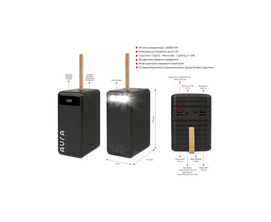Батарея универсальная AURA NRG-P120 120000mAh 22.5W Black (PBANRG-P120B), изображение 2