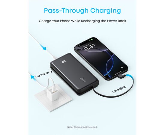 Батарея універсальна Anker 20000mAh 22.5W Built-In USB-C Cable Black (A110EH11), зображення 3