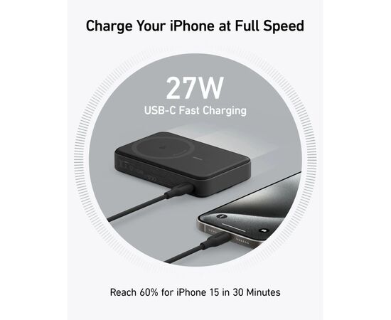 Батарея универсальная Anker 10000mAh MagGo Qi2/15W + USB-C PD 27W Black (A1654G11), изображение 7