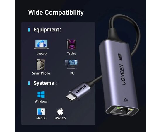 Переходник USB-C to RJ45 Ethernet 2500Mbps Ugreen (25052), изображение 5