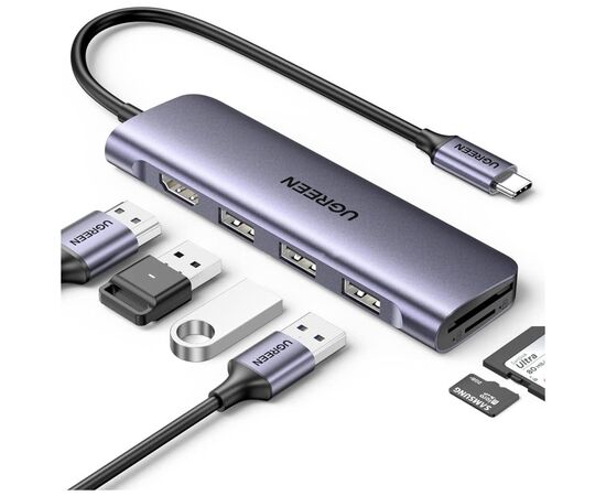 Концентратор Ugreen USB-C 6-in-1 3xUSB 3.0 + HDMI 4K@30Hz + SD/TF silver (20956A)