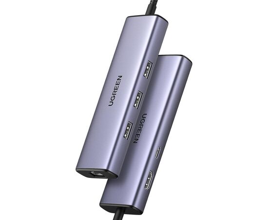 Концентратор Ugreen USB-C 6-in-1 3xUSB 3.0 + HDMI 4K@30Hz + RJ45 1000Mbps + PD silver (15598), изображение 2