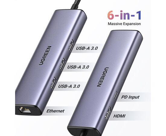 Концентратор Ugreen USB-C 6-in-1 3xUSB 3.0 + HDMI 4K@30Hz + RJ45 1000Mbps + PD silver (15598), изображение 3