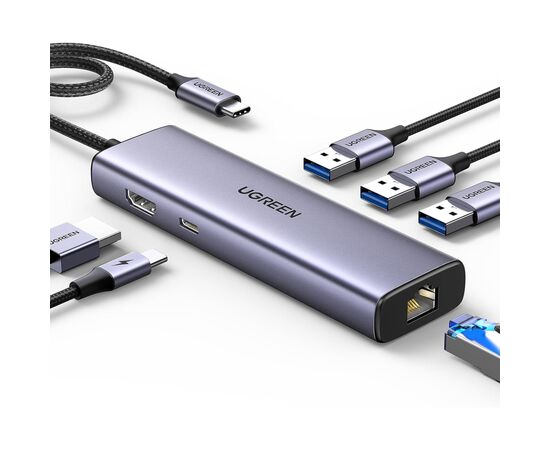 Концентратор Ugreen USB-C 6-in-1 3xUSB 3.0 + HDMI 4K@30Hz + RJ45 1000Mbps + PD silver (15598)