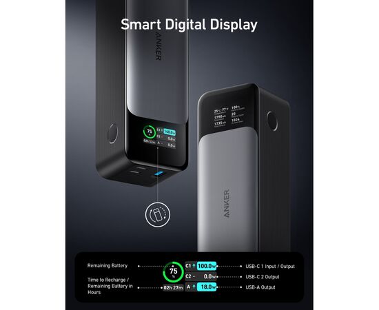 Батарея універсальна Anker 24000mAh PowerCore 737 GaNPrime 140W PD Black (A1289011), зображення 5
