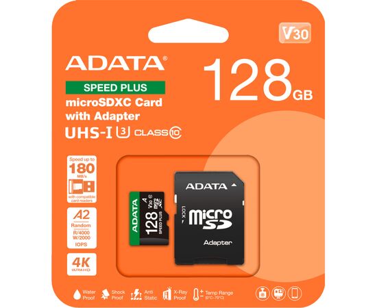 Карта памяти ADATA 128GB microSD class 10 UHS-I U3 V30 A2 Speed Plus (UD128GUI3V30A2SP-RA1), изображение 3