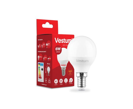 Лампочка Vestum G45 6W 3000K 220V E14 (1-VS-1204), изображение 2