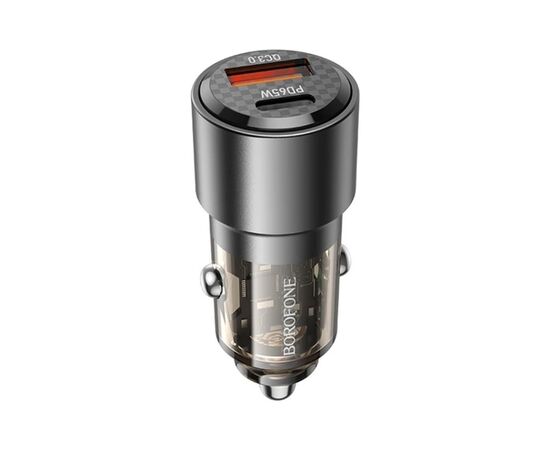 Зарядний пристрій BOROFONE 1xUSB-C PD65W + 1xUSB QC3.0 83W car adapter transparent black (6941991101625)