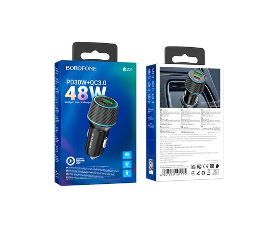 Зарядний пристрій BOROFONE 1xUSB-C PD30W + 1xUSB QC3.0 48W car adapter black (6941991101175), зображення 5