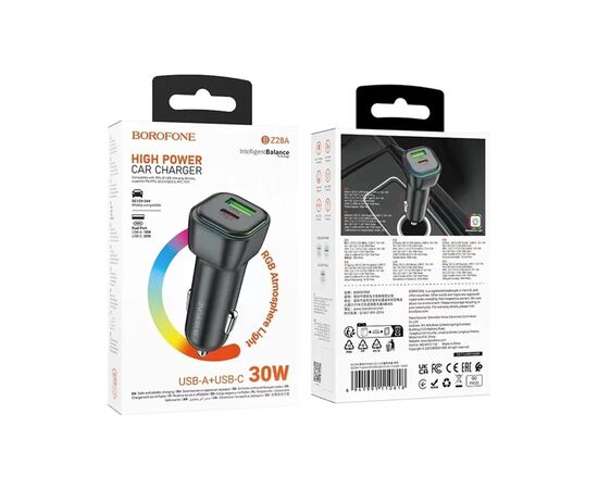 Зарядний пристрій BOROFONE 1xUSB-C PD30W + 1xUSB QC3.0 car adapter black (6941991110818), зображення 7