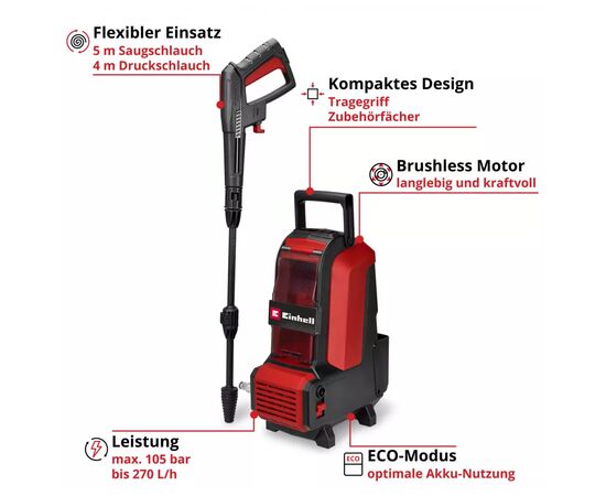 Мойка высокого давления Einhell HYPRESSO 36/105 36V, 105бар, 270л/час, шланг 4м (без АКБ и ЗУ) (4140160), изображение 2