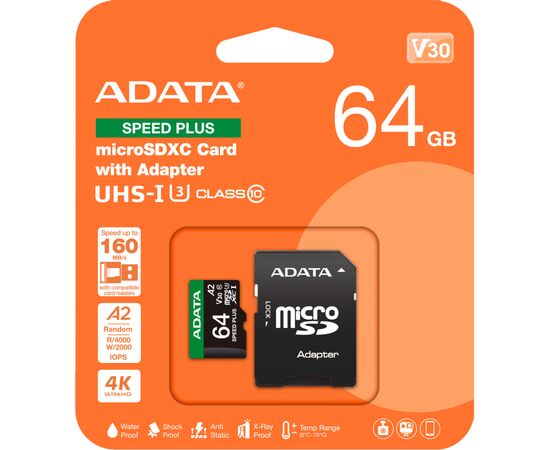 Карта памяти ADATA 64GB microSD class 10 UHS-I U3 V30 A2 Speed Plus (UD64GUI3V30A2SP-RA1), изображение 3