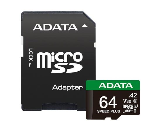 Карта памяти ADATA 64GB microSD class 10 UHS-I U3 V30 A2 Speed Plus (UD64GUI3V30A2SP-RA1)
