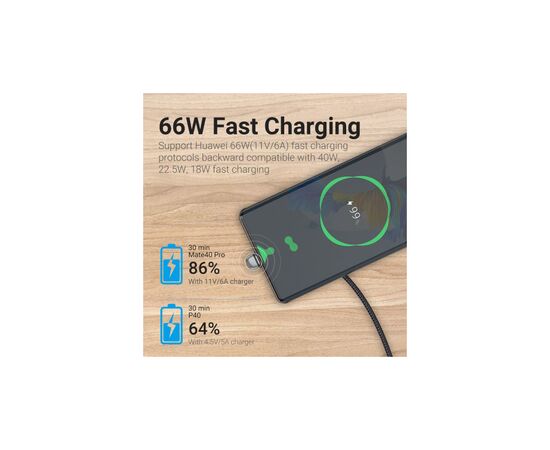 Дата кабель USB 2.0 AM to USB-C 1.5m 66W 180° U-Shaped aluminum alloy Vention (COHHG), изображение 7