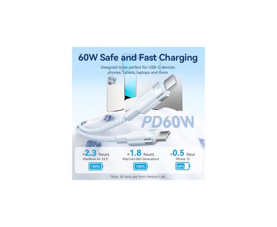 Дата кабель USB-C to USB-C 1.0m 60W aluminum alloy white Vention (TRDWF), зображення 5