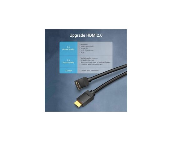 Кабель мультимедийный HDMI M to HDMI M 2.0m V2.0 4K60Hz 90° corner PVC black Vention (AARBH), изображение 5