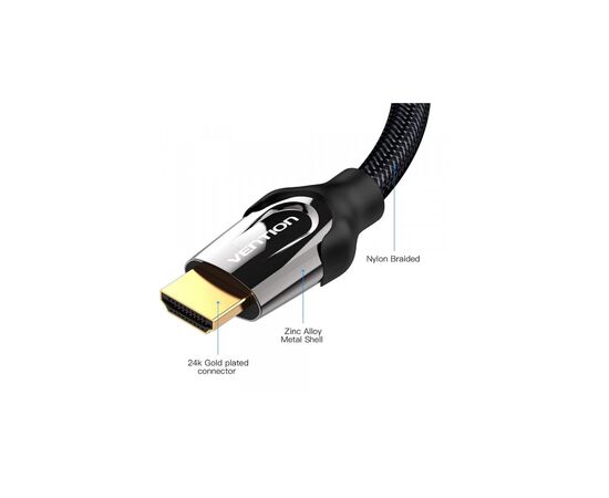 Кабель мультимедійний HDMI M to HDMI M 3.0m V2.0 4K60Hz braided zinc alloy black Vention (VAA-B05-B300), зображення 3