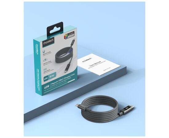 Дата кабель USB-C to USB-C 1.2m PD60W magnetic digital display nylon gray Choetech (XCC-1067-GY), изображение 2