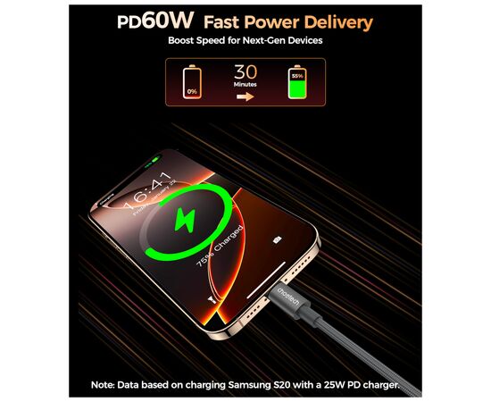 Дата кабель USB-C to USB-C 1.2m PD60W magnetic digital display nylon gray Choetech (XCC-1067-GY), изображение 3