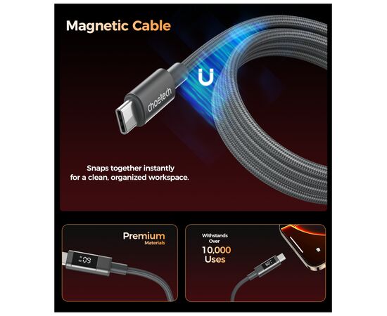 Дата кабель USB-C to USB-C 1.2m PD60W magnetic digital display nylon gray Choetech (XCC-1067-GY), изображение 7