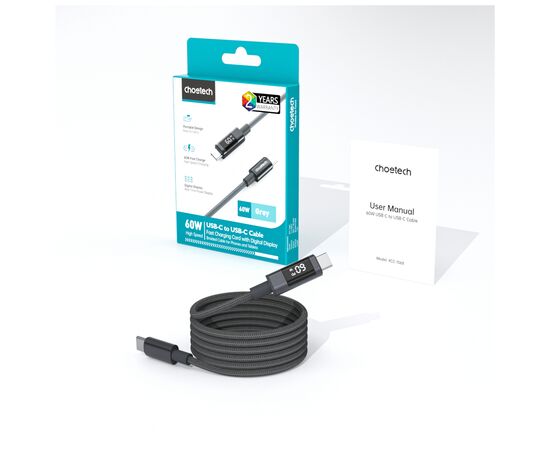 Дата кабель USB-C to USB-C 1.2m PD60W digital display nylon gray Choetech (XCC-1068-GY), изображение 3