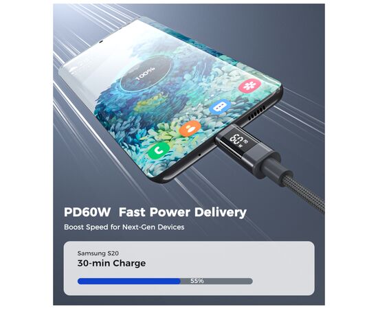 Дата кабель USB-C to USB-C 1.2m PD60W digital display nylon gray Choetech (XCC-1068-GY), изображение 4