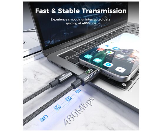 Дата кабель USB-C to USB-C 1.2m PD60W digital display nylon gray Choetech (XCC-1068-GY), изображение 7