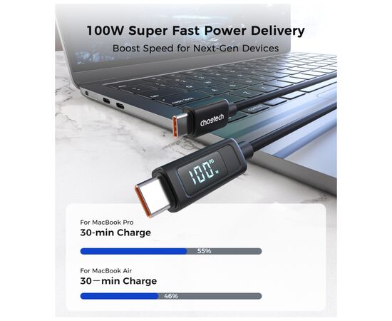 Дата кабель USB-C to USB-C 1.2m PD100W digital display silicone Choetech (XCC-1064), изображение 4