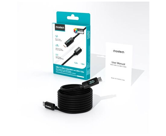 Дата кабель USB-C to USB-C 1.8m PD100W digital display silicone Choetech (XCC-1063), изображение 3