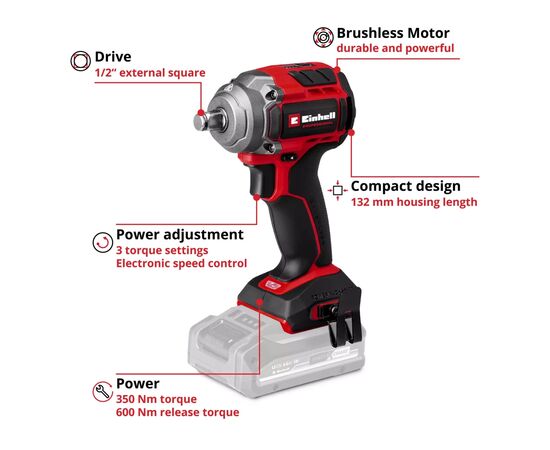 Гайковерт Einhell Professional ударный TP-CW 18/350-C Li BL - Solo 18V, 350Нм 0-2400об/мин (4510055), изображение 2