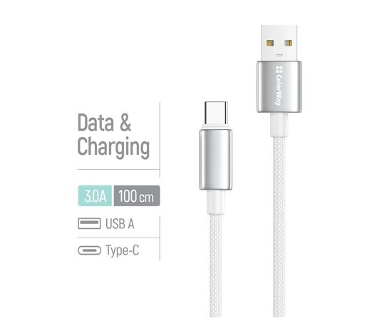 Дата кабель USB 2.0 AM to USB-C 1.0m 3A zinc alloy braided white ColorWay (CW-CBUC098-WT), изображение 4