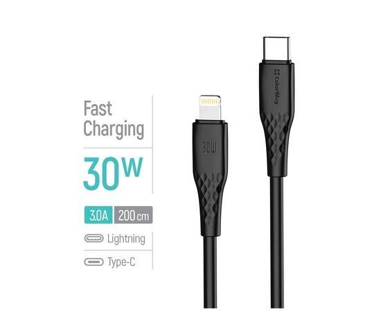 Дата кабель USB-C to Lightning 2.0m PD30W textured PVC black ColorWay (CW-CBPDCL095-BK), изображение 4