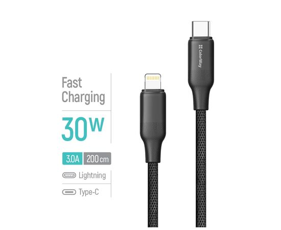 Дата кабель USB-C to Lightning 2.0m PD30W TPE embossed black ColorWay (CW-CBPDCL102-BK), изображение 4
