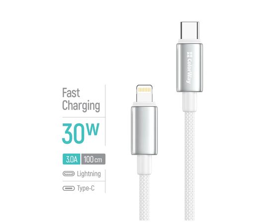 Дата кабель USB-C to Lightning 1.0m PD30W zinc alloy braided white ColorWay (CW-CBPDCL098-WT), изображение 4