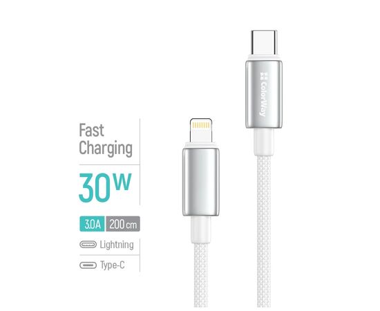 Дата кабель USB-C to Lightning 2.0m PD30W zinc alloy braided white ColorWay (CW-CBPDCL099-WT), изображение 4