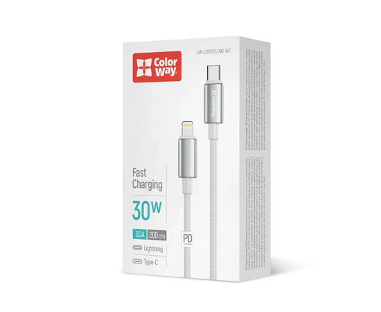 Дата кабель USB-C to Lightning 2.0m PD30W zinc alloy braided white ColorWay (CW-CBPDCL099-WT), изображение 5