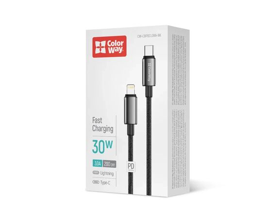 Дата кабель USB-C to Lightning 2.0m PD30W zinc alloy braided black ColorWay (CW-CBPDCL099-BK), изображение 4